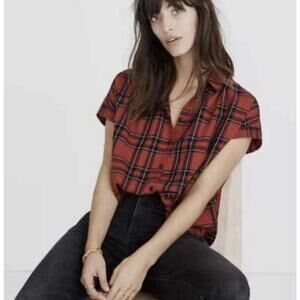 Madewell Central Shirt in True Red Dahl Plaid M Short Sleeve Button Oversized